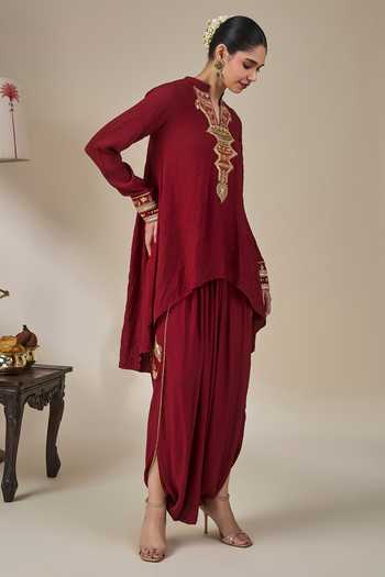 Buy_Masaba_Maroon Crepe, Silk Foil Printing Mandarin Astral Arch Top And Dhoti Pant Set _Online_at_Aza_Fashions