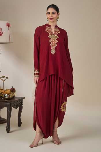 Shop_Masaba_Maroon Crepe, Silk Foil Printing Mandarin Astral Arch Top And Dhoti Pant Set _Online_at_Aza_Fashions