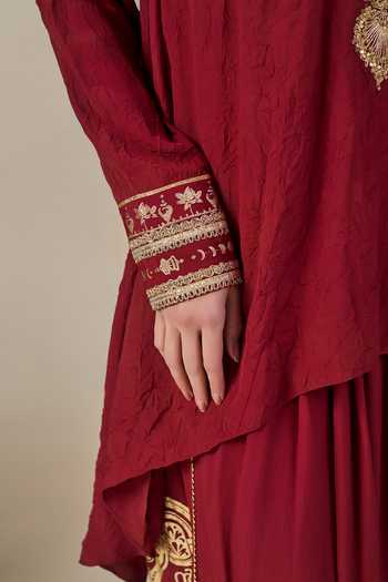Buy_Masaba_Maroon Crepe, Silk Foil Printing Mandarin Astral Arch Top And Dhoti Pant Set 