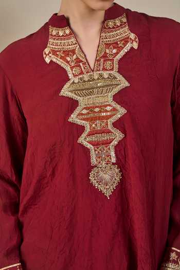 Shop_Masaba_Maroon Crepe, Silk Foil Printing Mandarin Astral Arch Top And Dhoti Pant Set 