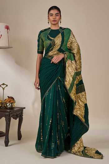Buy_Masaba_Green Silk, Bottle Celestial Moonfall Crush Saree With Unstitched Blouse Piece _at_Aza_Fashions
