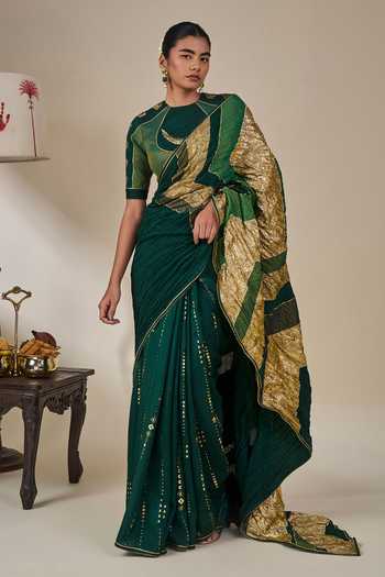 Masaba_Green Silk, Bottle Celestial Moonfall Crush Saree With Unstitched Blouse Piece _Online_at_Aza_Fashions