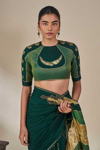 Buy_Masaba_Green Silk, Bottle Celestial Moonfall Crush Saree With Unstitched Blouse Piece _Online_at_Aza_Fashions