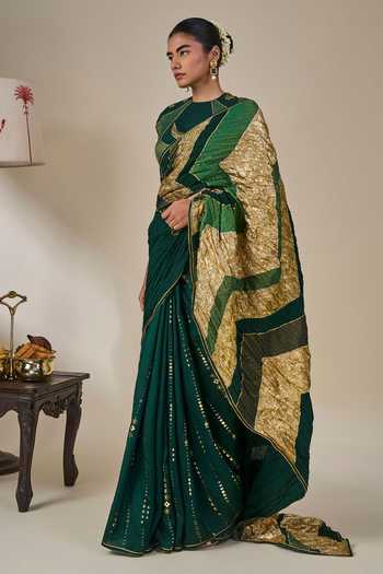 Shop_Masaba_Green Silk, Bottle Celestial Moonfall Crush Saree With Unstitched Blouse Piece _Online_at_Aza_Fashions