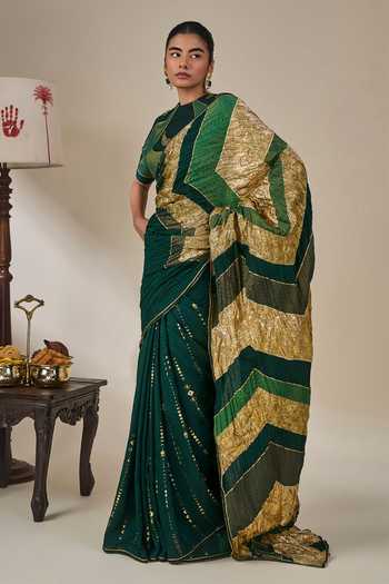 Masaba_Green Silk, Bottle Celestial Moonfall Crush Saree With Unstitched Blouse Piece _at_Aza_Fashions