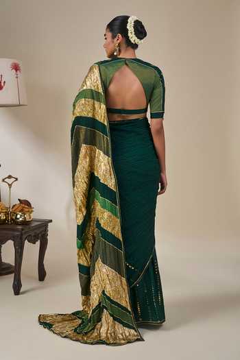 Shop_Masaba_Green Silk, Bottle Celestial Moonfall Crush Saree With Unstitched Blouse Piece _at_Aza_Fashions
