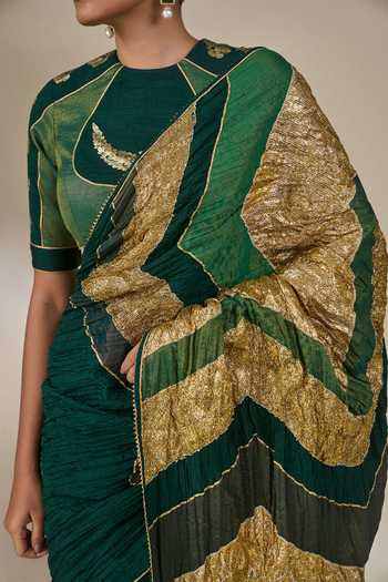 Buy_Masaba_Green Silk, Bottle Celestial Moonfall Crush Saree With Unstitched Blouse Piece 