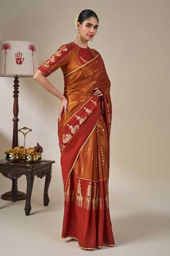 Masaba_Orange Silk, Viscose, Tissue The Heirloom Saree With Unstitched Blouse Fabric _Online_at_Aza_Fashions
