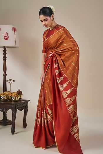 Shop_Masaba_Orange Silk, Viscose, Tissue The Heirloom Saree With Unstitched Blouse Fabric _Online_at_Aza_Fashions