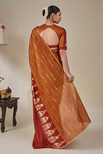 Shop_Masaba_Orange Silk, Viscose, Tissue The Heirloom Saree With Unstitched Blouse Fabric _at_Aza_Fashions