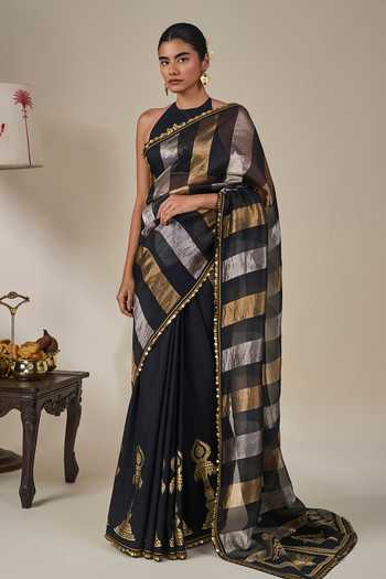 Shop_Masaba_Black Silk, Viscose, Tissue Glided Lantern Saree With Unstitched Blouse Fabric _Online_at_Aza_Fashions