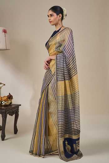 Masaba_Multi Color Silk, Alleppey Striped Masque Saree With Unstitched Blouse Fabric _Online_at_Aza_Fashions