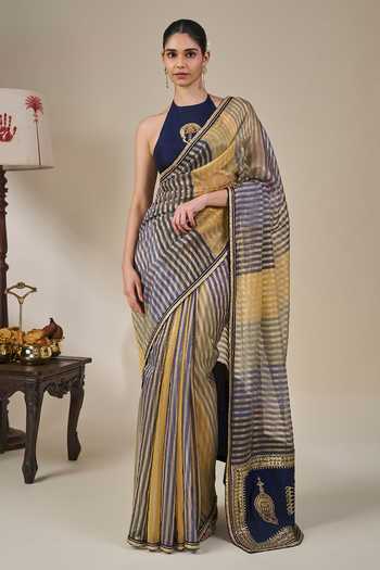 Masaba_Multi Color Silk, Alleppey Striped Masque Saree With Unstitched Blouse Fabric _at_Aza_Fashions