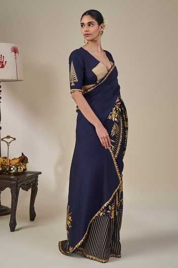 Masaba_Blue Silk, Viscose, Backwater Postcard Saree With Unstitched Blouse Fabric _Online_at_Aza_Fashions