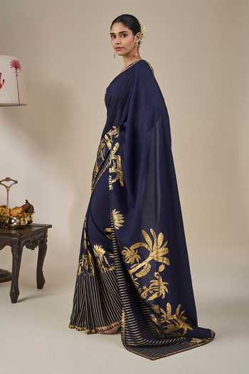 Buy_Masaba_Blue Silk, Viscose, Backwater Postcard Saree With Unstitched Blouse Fabric _Online_at_Aza_Fashions