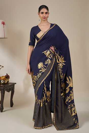 Shop_Masaba_Blue Silk, Viscose, Backwater Postcard Saree With Unstitched Blouse Fabric _Online_at_Aza_Fashions