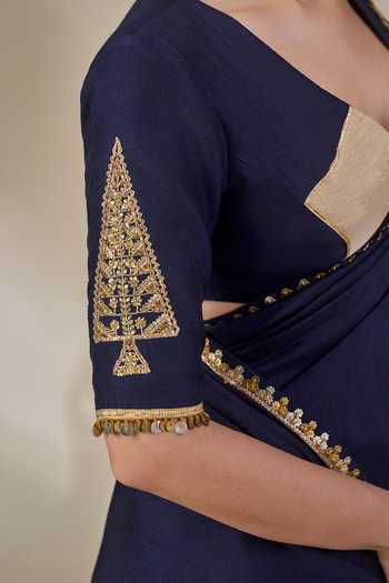 Masaba_Blue Silk, Viscose, Backwater Postcard Saree With Unstitched Blouse Fabric _at_Aza_Fashions
