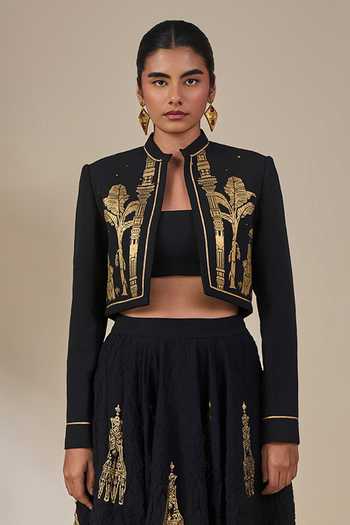 Buy_Masaba_Black Silk, Crepe Mandarin Collar, Bandeau Neck Malabar Heirloom Skirt Set _Online_at_Aza_Fashions