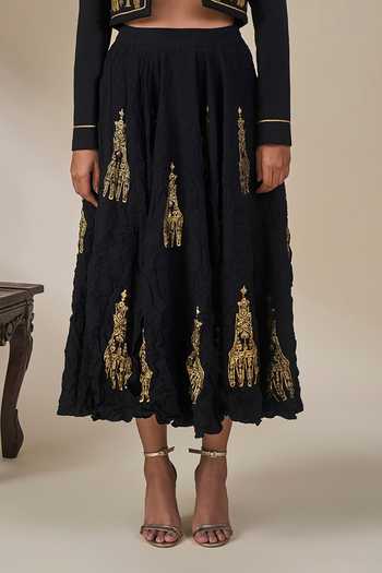 Shop_Masaba_Black Silk, Crepe Mandarin Collar, Bandeau Neck Malabar Heirloom Skirt Set _Online_at_Aza_Fashions
