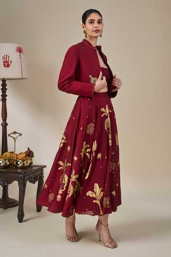 Masaba_Maroon Viscose Mandarin Collar, Bandeau Neck Cherry Malabar Masque Skirt Set _Online_at_Aza_Fashions