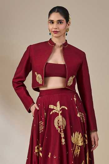 Buy_Masaba_Maroon Viscose Mandarin Collar, Bandeau Neck Cherry Malabar Masque Skirt Set _Online_at_Aza_Fashions