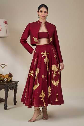 Buy_Masaba_Maroon Viscose Mandarin Collar, Bandeau Neck Cherry Malabar Masque Skirt Set _at_Aza_Fashions