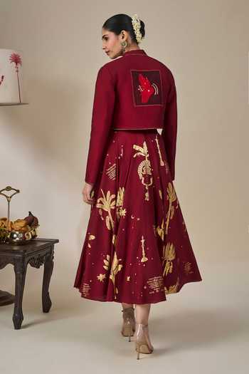 Shop_Masaba_Maroon Viscose Mandarin Collar, Bandeau Neck Cherry Malabar Masque Skirt Set _at_Aza_Fashions