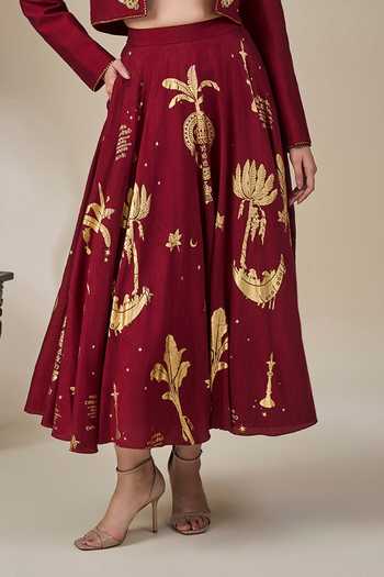 Shop_Masaba_Maroon Viscose Mandarin Collar, Bandeau Neck Cherry Malabar Masque Skirt Set _Online_at_Aza_Fashions