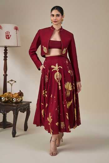Masaba_Maroon Viscose Mandarin Collar, Bandeau Neck Cherry Malabar Masque Skirt Set _at_Aza_Fashions