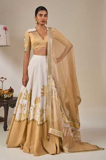 Shop_Masaba_Gold Silk, Viscose, Tissue, Organza V-neck Backwater Postcard Lehenga Set _Online_at_Aza_Fashions