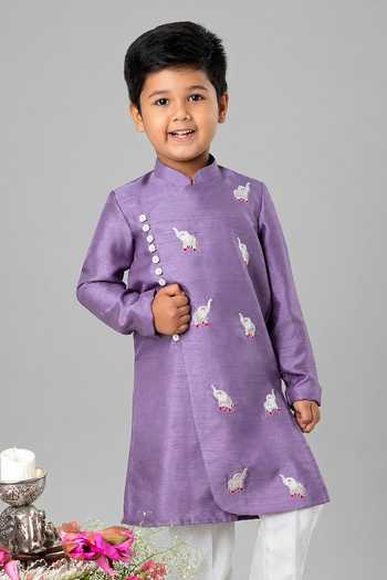 Label Kiaa_Purple Linen Hand Embroidered Kurta Set _Online_at_Aza_Fashions