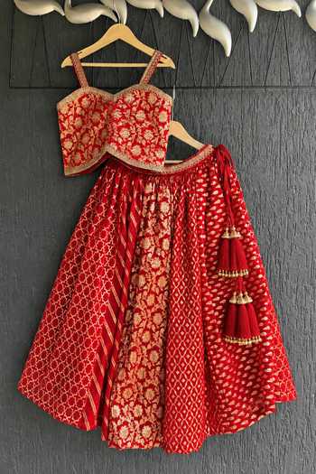 Shop_The Little Tales_Red Silk, Cotton Floral Woven Lehenga Set _at_Aza_Fashions