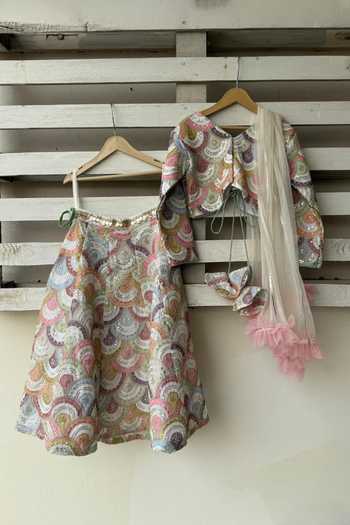 Shop_The little tales_White Silk, Cotton, Net Embroidered Lehenga Set _at_Aza_Fashions