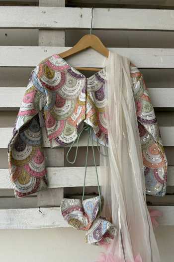 The little tales_White Silk, Cotton, Net Embroidered Lehenga Set _Online_at_Aza_Fashions
