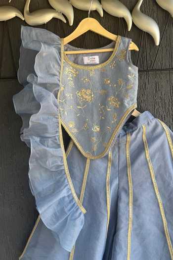 Buy_The Little Tales_Blue Organza Lace Embroidered Crop Top With Palazzo _at_Aza_Fashions