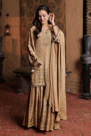 Shop_Surkh Syahi_Gold Crepe Split V-neck, Yes Embroidered Kurta Sharara Set _at_Aza_Fashions