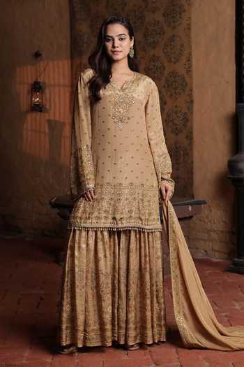 Buy_Surkh Syahi_Gold Crepe Split V-neck, Yes Embroidered Kurta Sharara Set _at_Aza_Fashions