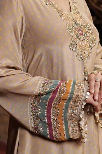 Shop_Surkh Syahi_Beige Crepe V-neck Printed Kurta And Sharara Set _Online_at_Aza_Fashions