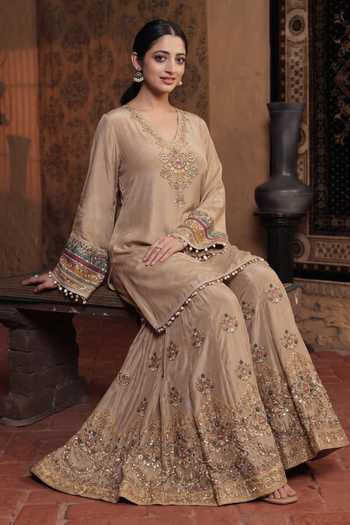 Shop_Surkh Syahi_Beige Crepe V-neck Printed Kurta And Sharara Set _at_Aza_Fashions