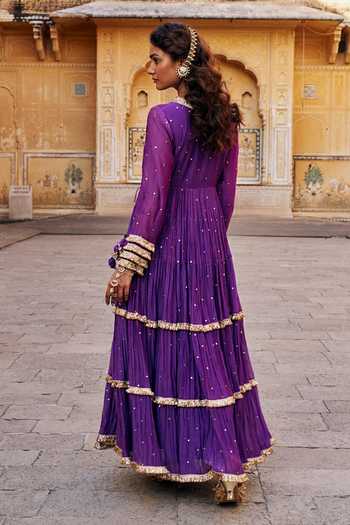 Shop_Preevin_Purple Organza, Chanderi Silk V-neck, Yes Tiered Angrakha With Dupatta _at_Aza_Fashions