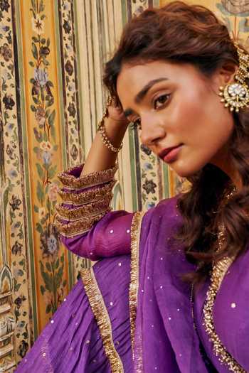 Preevin_Purple Organza, Chanderi Silk V-neck, Yes Tiered Angrakha With Dupatta _Online_at_Aza_Fashions