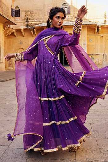 Buy_Preevin_Purple Organza, Chanderi Silk V-neck, Yes Tiered Angrakha With Dupatta _Online_at_Aza_Fashions