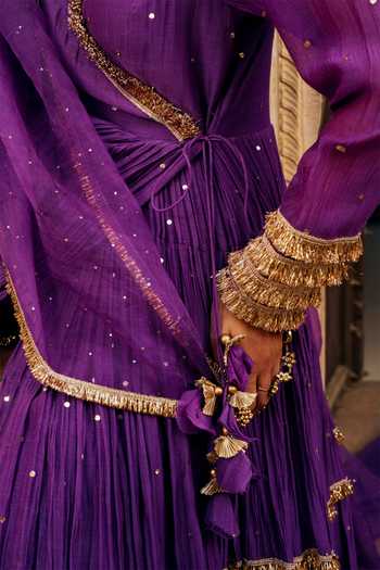 Shop_Preevin_Purple Organza, Chanderi Silk V-neck, Yes Tiered Angrakha With Dupatta _Online_at_Aza_Fashions