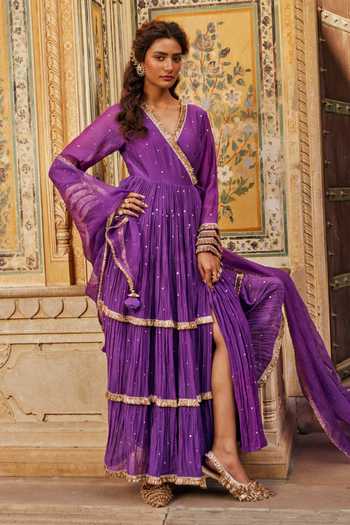 Shop_Preevin_Purple Organza, Chanderi Silk V-neck, Yes Tiered Angrakha With Dupatta 
