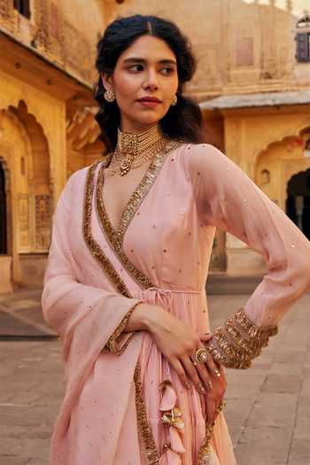 Preevin_Pink Organza, Chanderi Silk V-neck Vintage Blush Tiered Angrakha With Dupatta _Online_at_Aza_Fashions