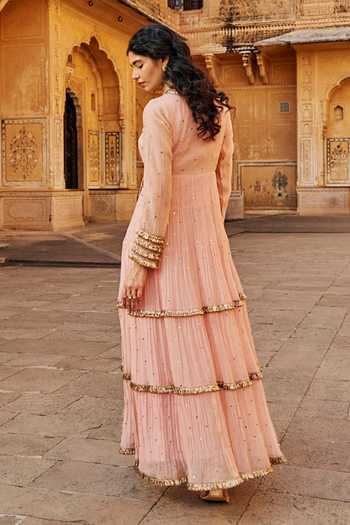 Shop_Preevin_Pink Organza, Chanderi Silk V-neck Vintage Blush Tiered Angrakha With Dupatta _at_Aza_Fashions