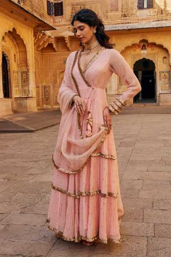 Buy_Preevin_Pink Organza, Chanderi Silk V-neck Vintage Blush Tiered Angrakha With Dupatta _Online_at_Aza_Fashions