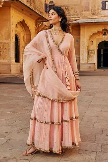 Shop_Preevin_Pink Organza, Chanderi Silk V-neck Vintage Blush Tiered Angrakha With Dupatta _Online_at_Aza_Fashions