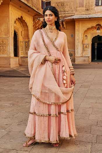 Buy_Preevin_Pink Organza, Chanderi Silk V-neck Vintage Blush Tiered Angrakha With Dupatta _at_Aza_Fashions