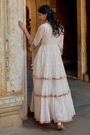 Shop_Preevin_Ivory Chanderi Silk, Organza V-neck Mukaish Work Angarkha With Dupatta _at_Aza_Fashions
